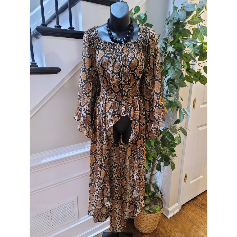 Truth NYC Dress M Black Brown Snakeskin Smocked Square Bell Sleeve Casual Party
